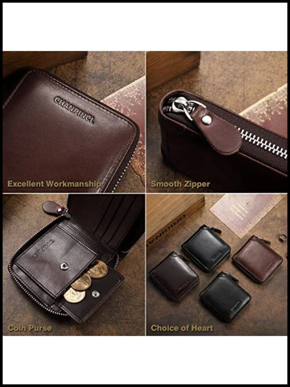 Genuine Leather RFID Zipper Wallet Large Capacity Bi-Fold 8 Card Slots Coin